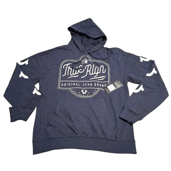 True Religion Hooded Sweatshirt Blue/White Mens Sz L NWT - Picture 1 of 5